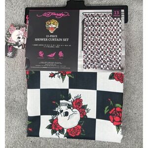 Ed Hardy Skull & Roses Checkered Shower Curtain Set 13-Piece 72x72 w/ Hooks NWT